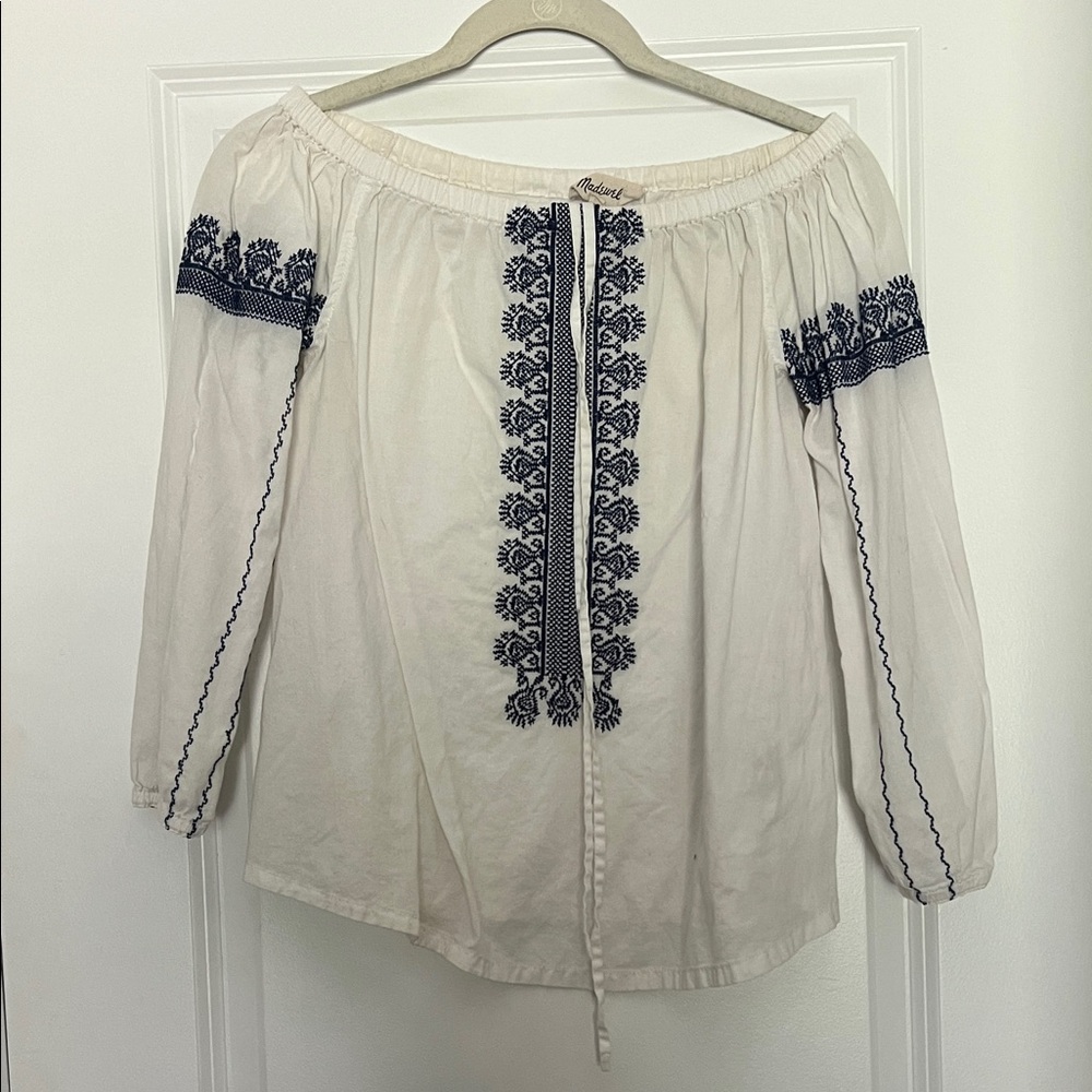 Madewell White and Navy Embroidered Blouse